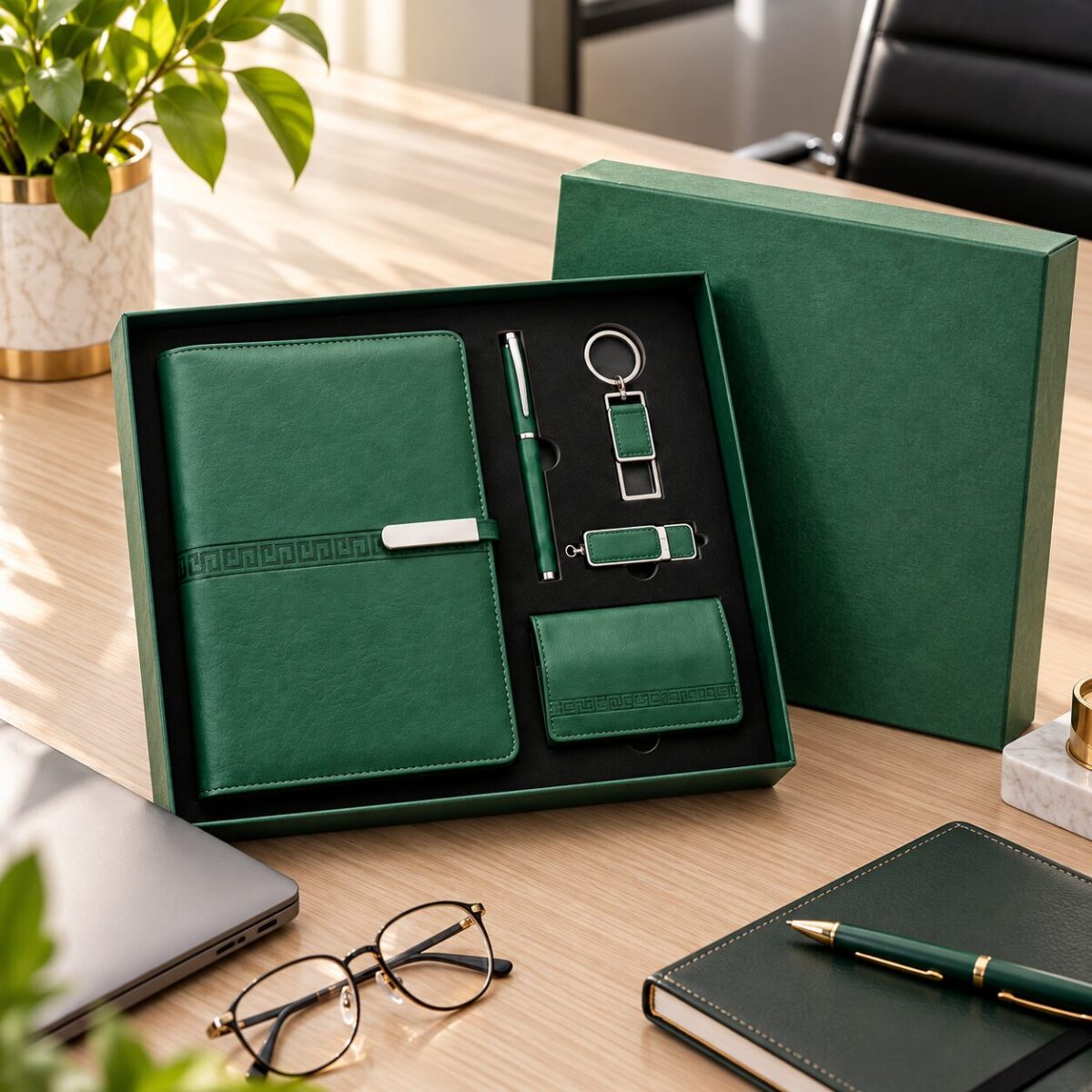 طقم مكتبي جلدي (دفتر، قلم، ميدالية، ذاكرة USB، حافظة بطاقات) – صورة المنتج